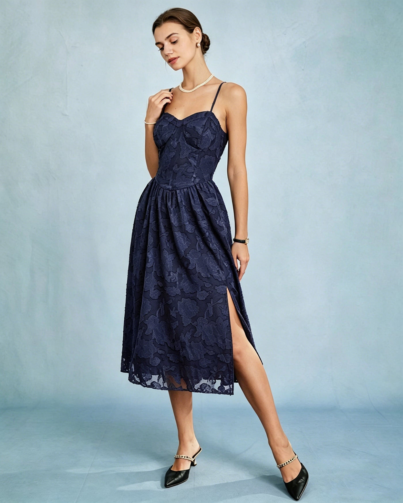 Blue Jacquard A-Line Midi Slip Dress