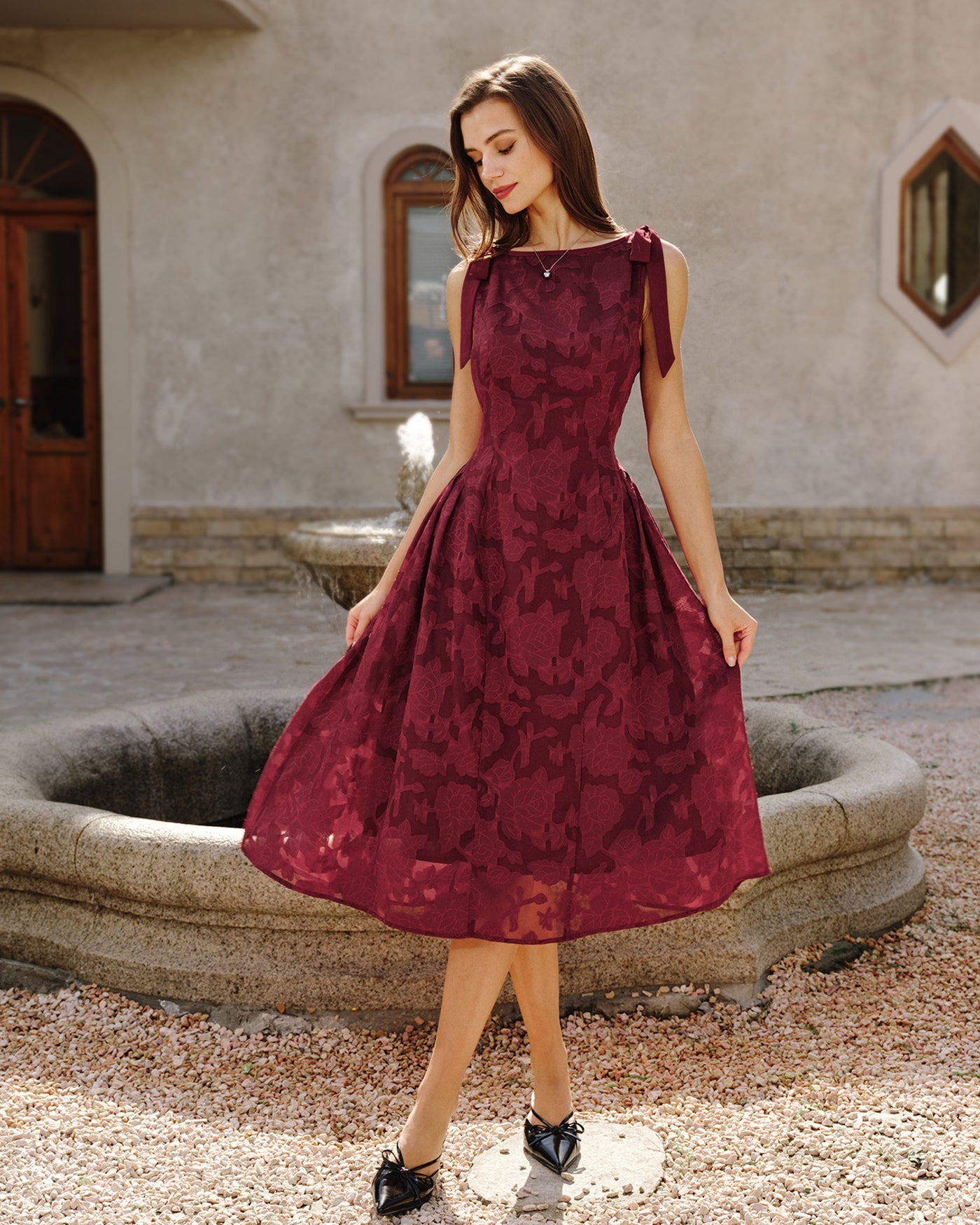 Crimson Jacquard Chiffon Midi Dress