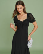 Black Midi Dress with V-Neck and Puffed Sleeves