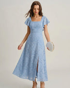 Floral Print Square Neck Midi Dress in Blue
