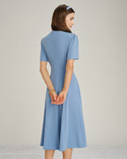 Ruched Blue Midi Dress with V-Neck and Button Details