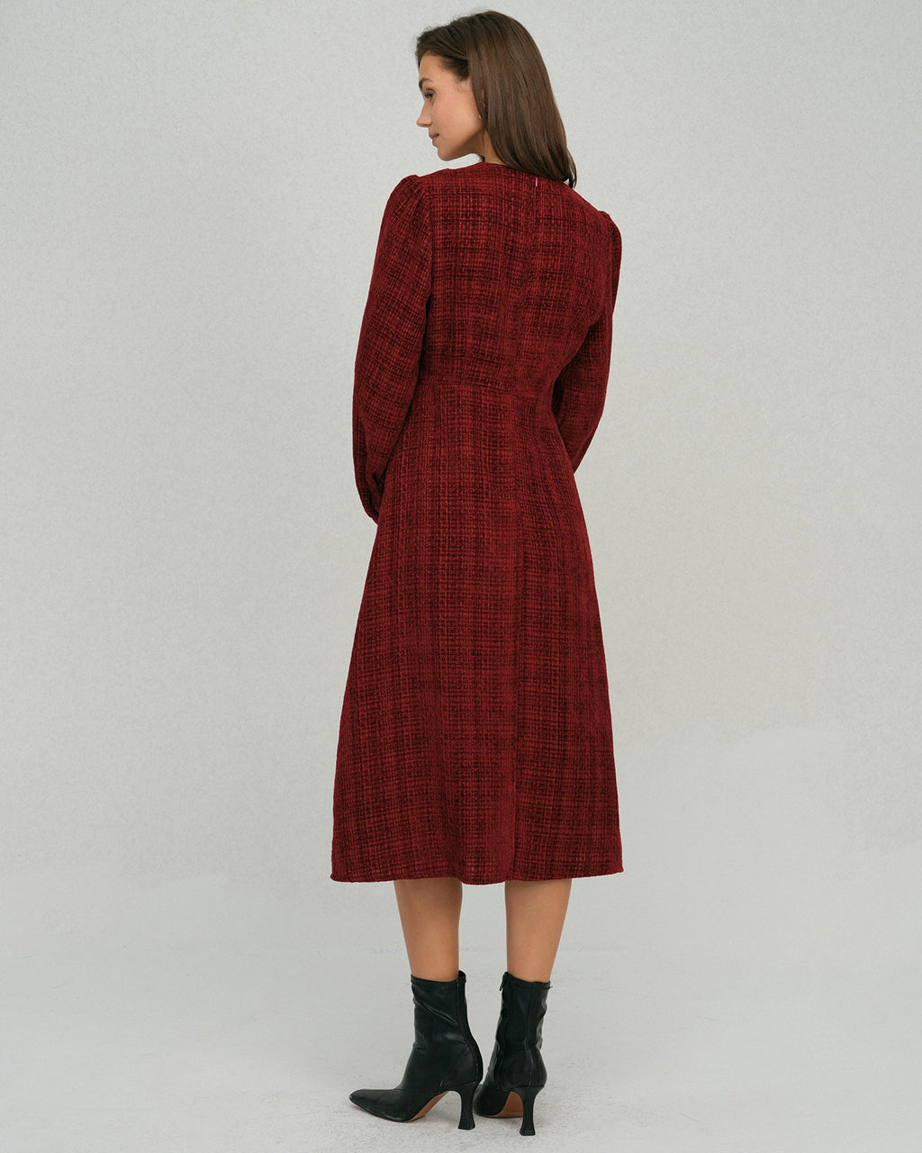 Crimson Lantern Sleeve A-Line Midi Dress