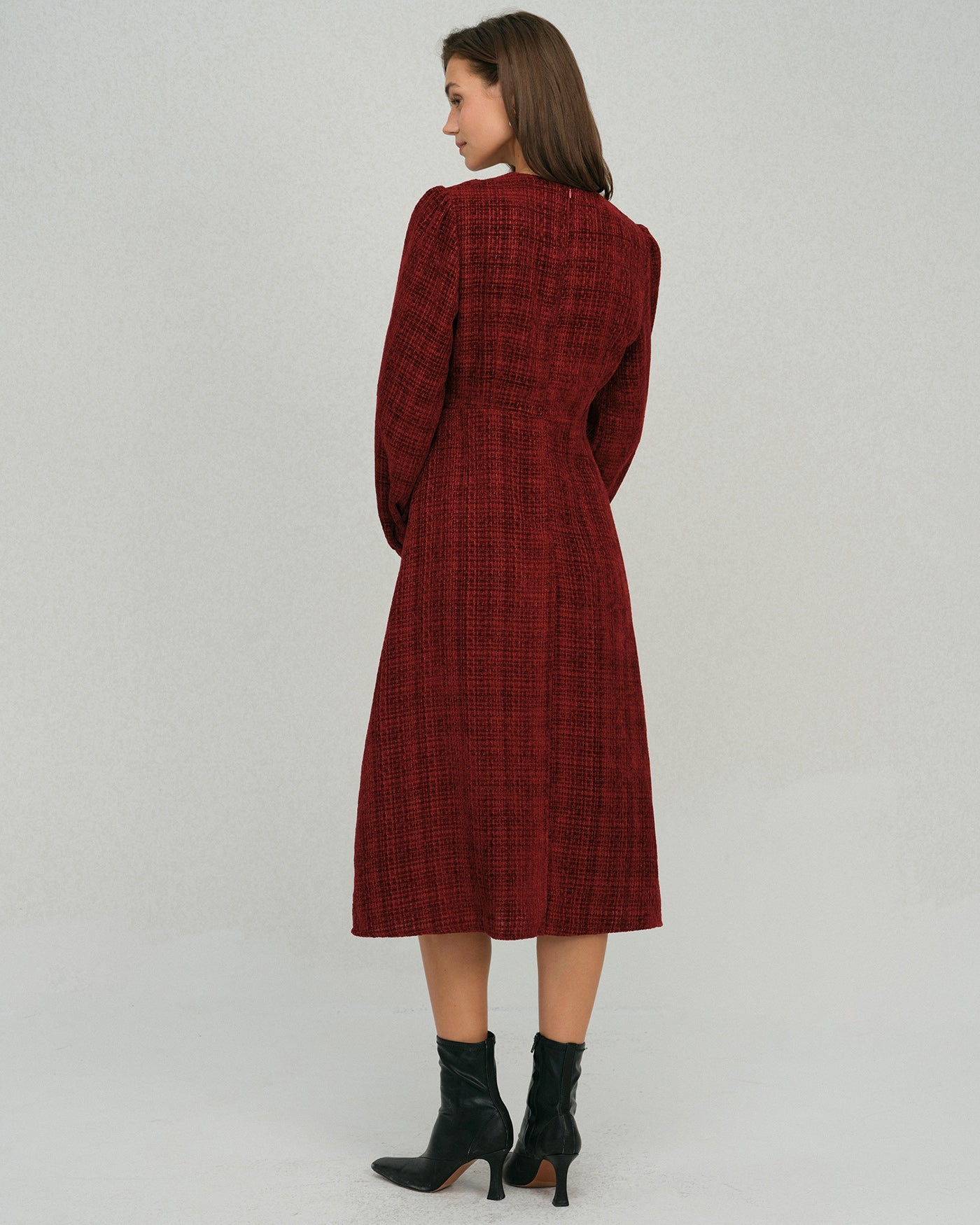 Crimson Lantern Sleeve A-Line Midi Dress