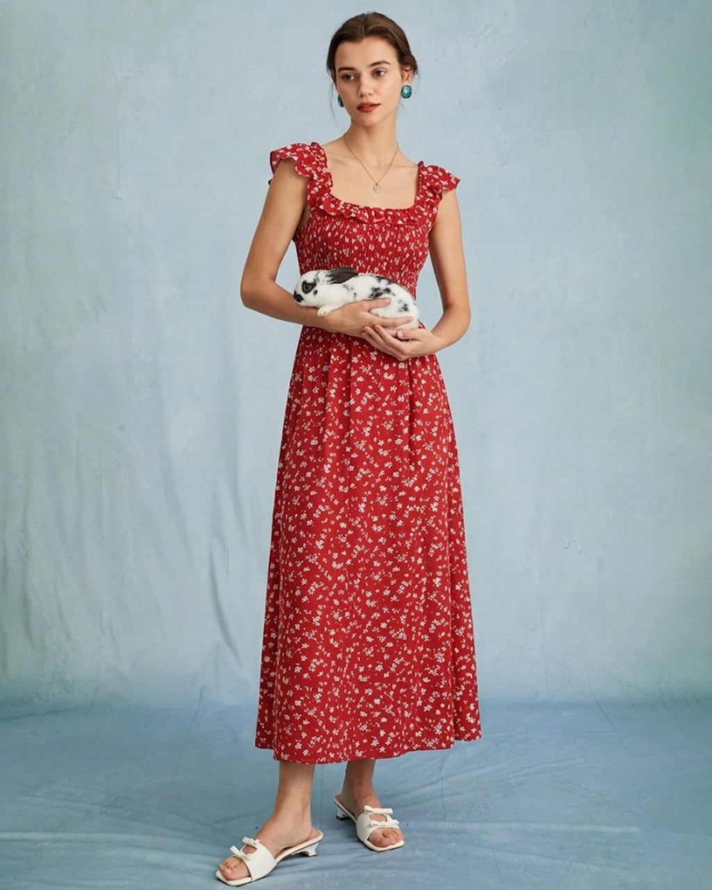 Floral Midi Dress with Red Square Neck