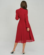 Wine Red Chiffon Midi Dress with Lantern Sleeves