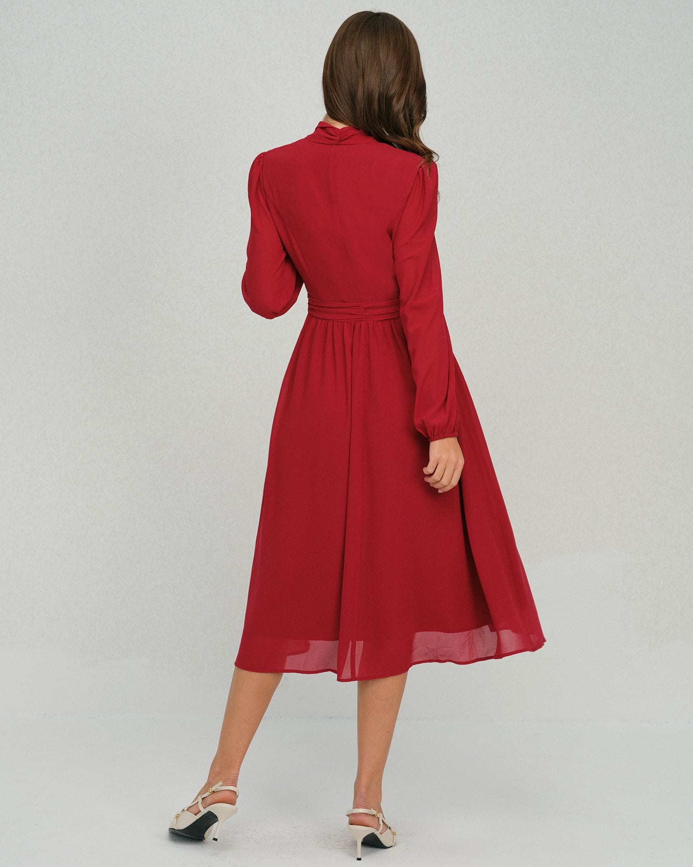 Wine Red Chiffon Midi Dress with Lantern Sleeves