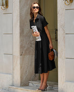 Black Midi Dress with A-Line Silhouette and Belt
