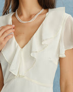 Apricot V-Neck Chiffon Midi Dress with Ruffle Details