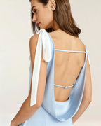Blue Satin Midi Dress with V-Neck and Cut-Out Detail