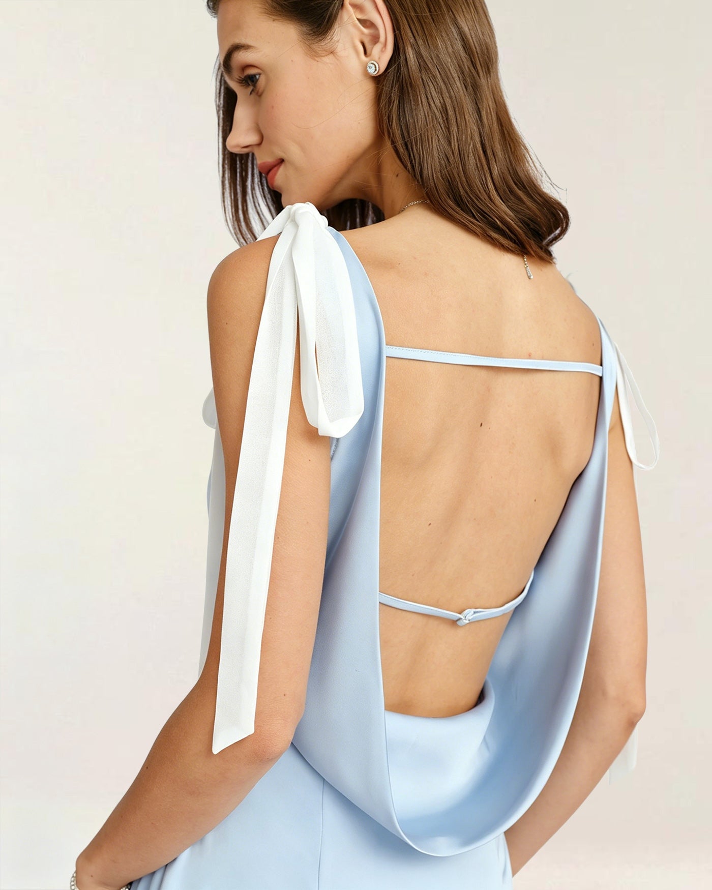 Blue Satin Midi Dress with V-Neck and Cut-Out Detail