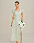 Floral Textured Midi Dress with Green Square Neck