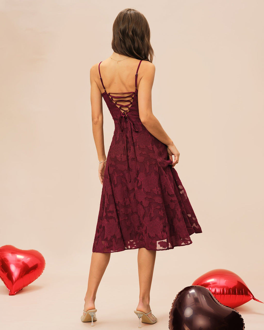 Wine Red Sweetheart Neck Jacquard Midi Slip Dress