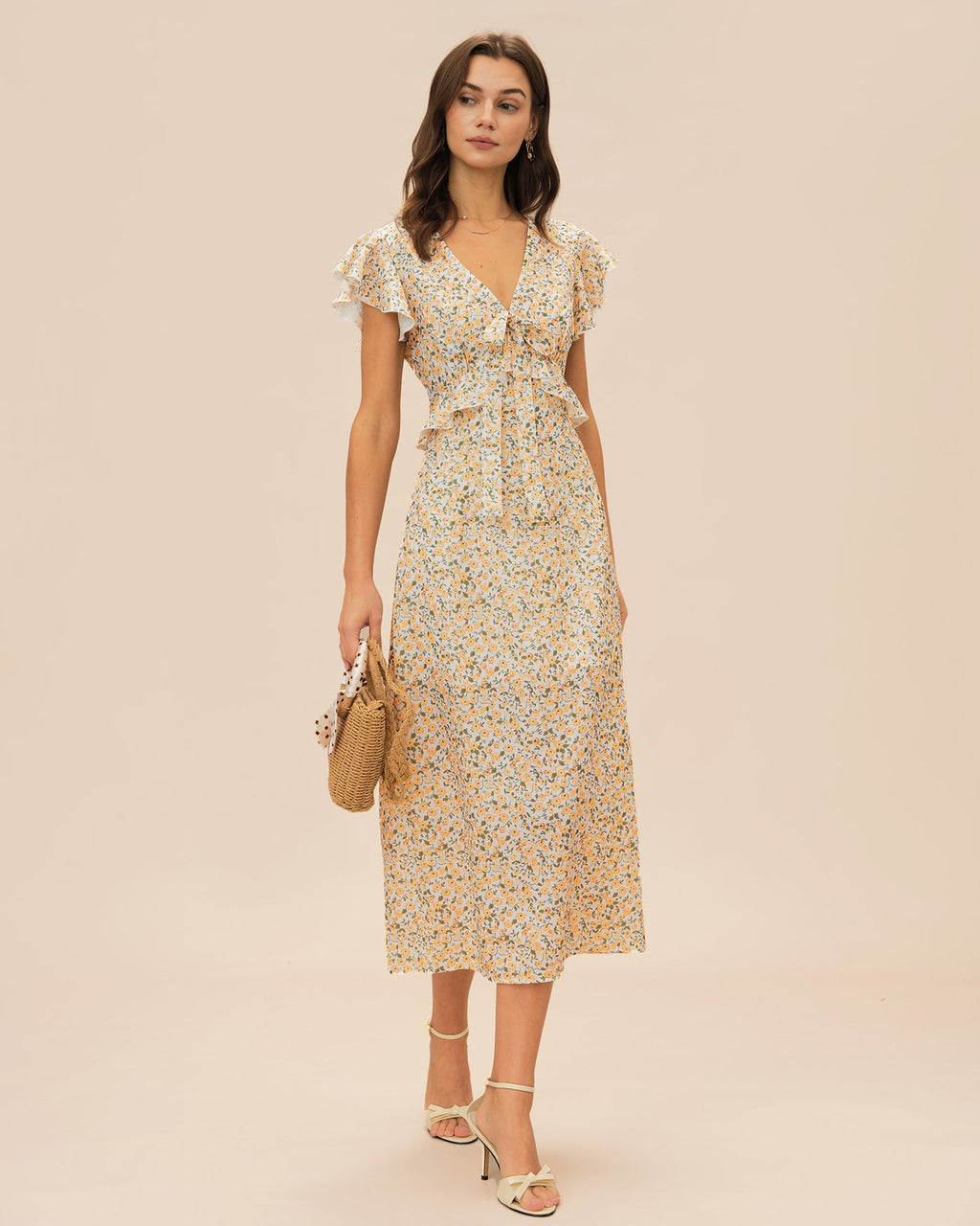 Floral Ruffle Midi Dress in Yellow with V-Neck