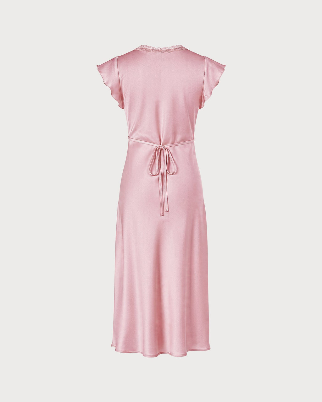 Pink Satin Midi Dress with V-Neck Lace Detail