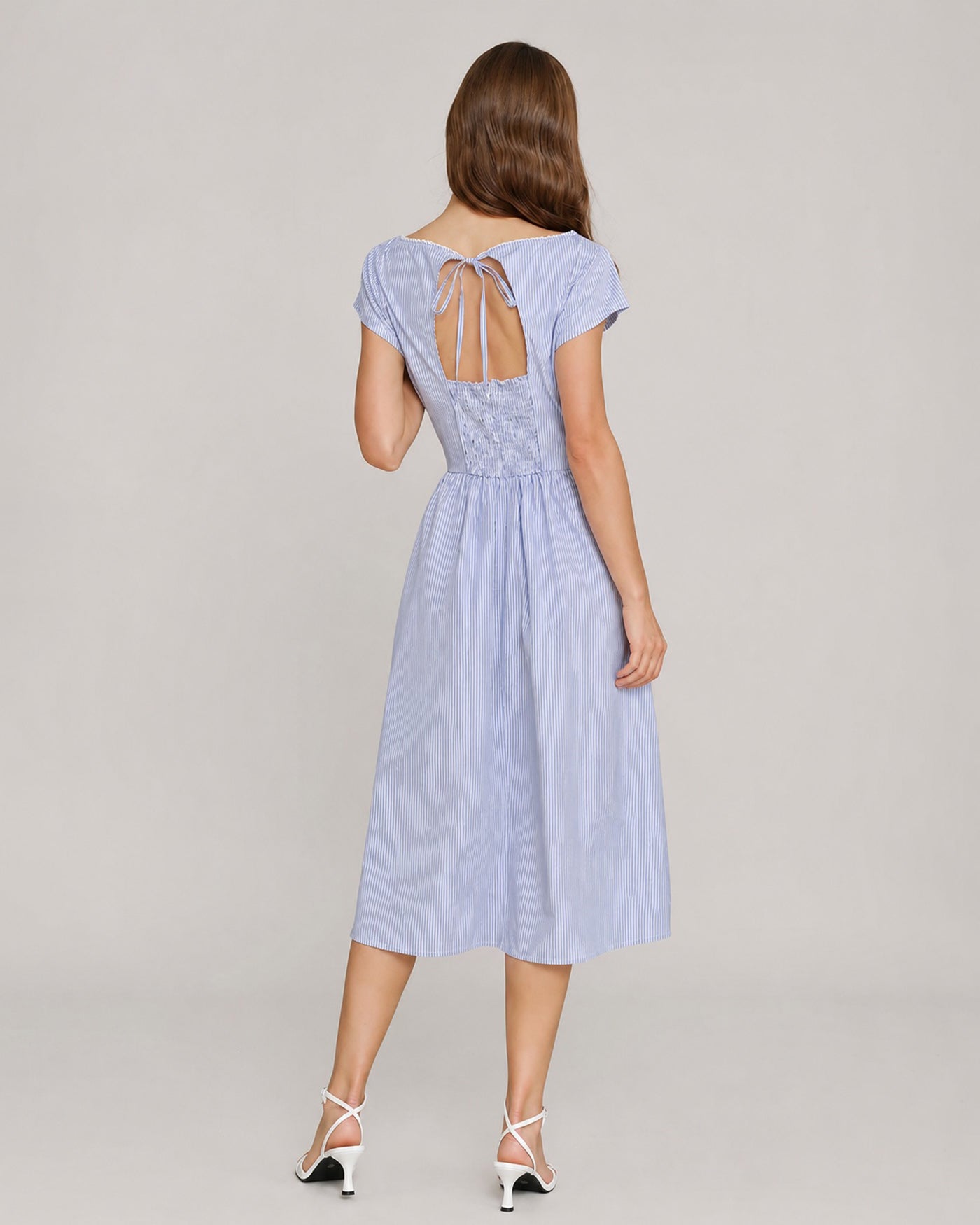 Shirred Midi Dress with Boat Neck in Blue