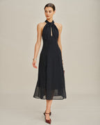 Polka Dot Halter Midi Dress in Black