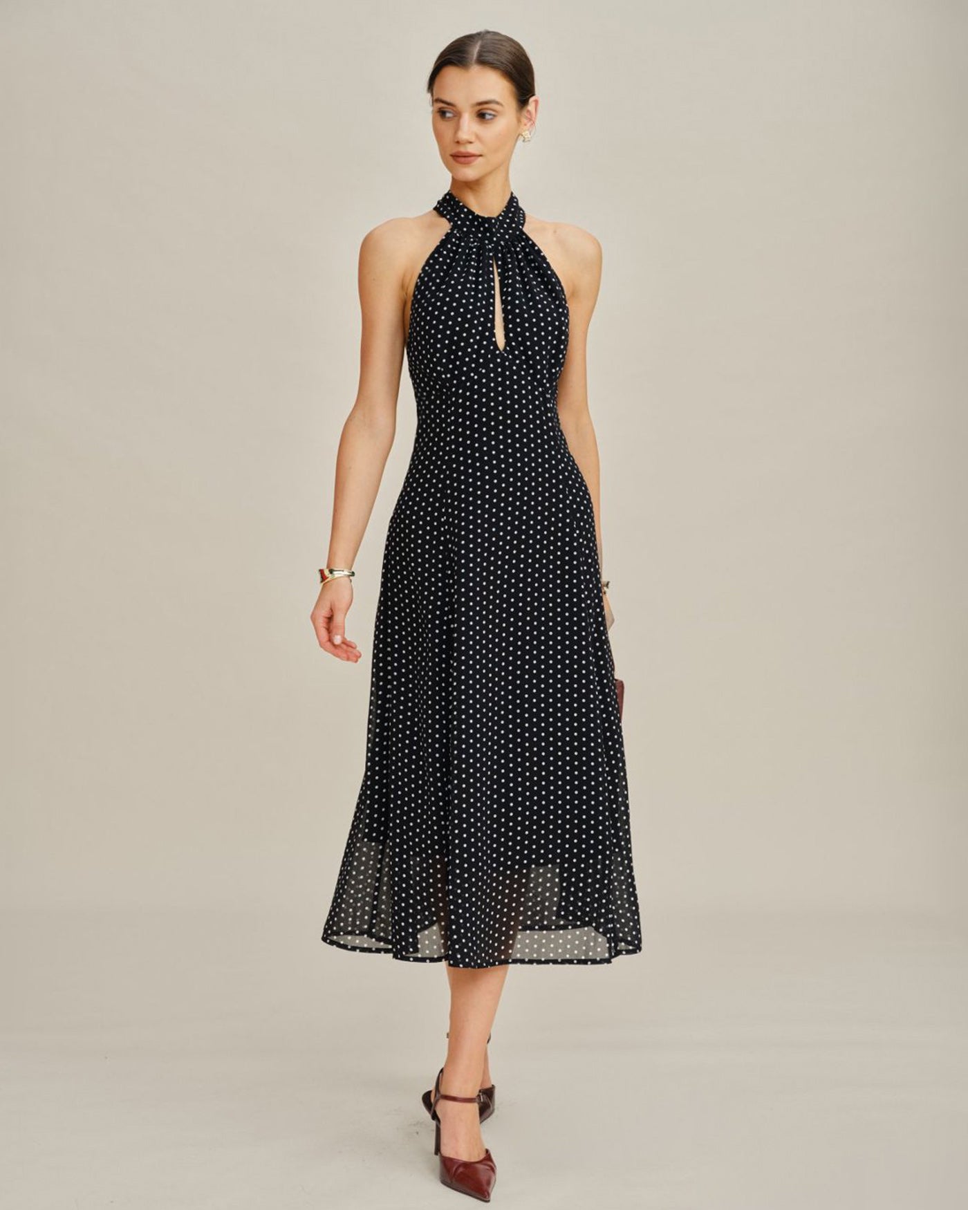 Polka Dot Halter Midi Dress in Black