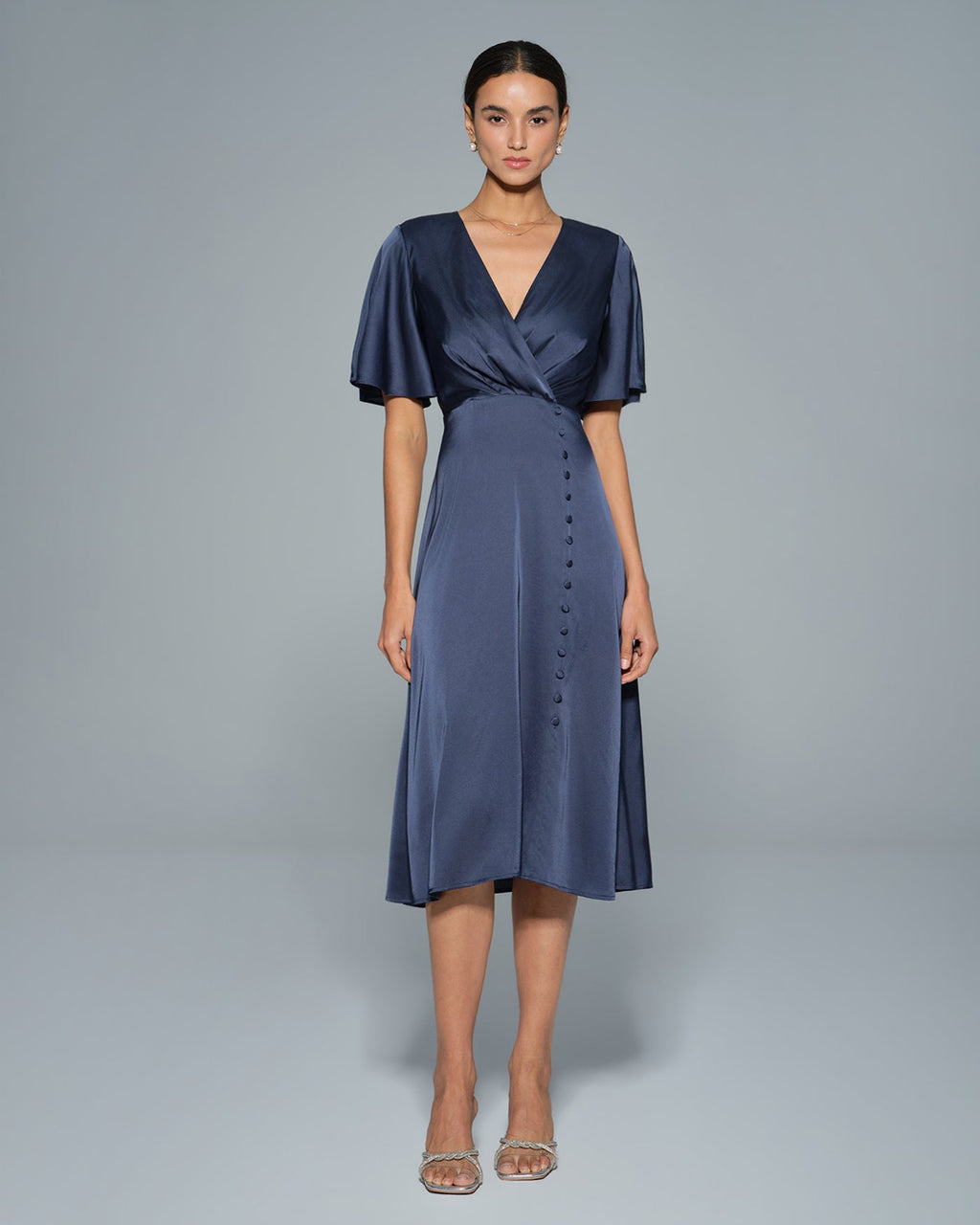Navy Satin Midi Dress with V-Neck
