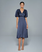 Navy Satin Midi Dress with V-Neck