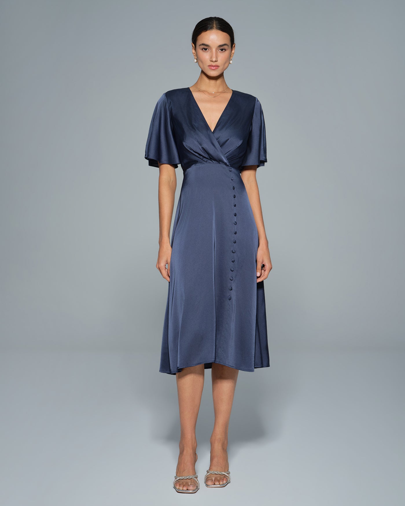 Navy Satin Midi Dress with V-Neck