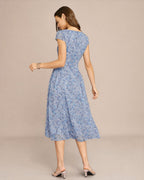 Floral Midi Dress with U Neck and Button Detail in Blue