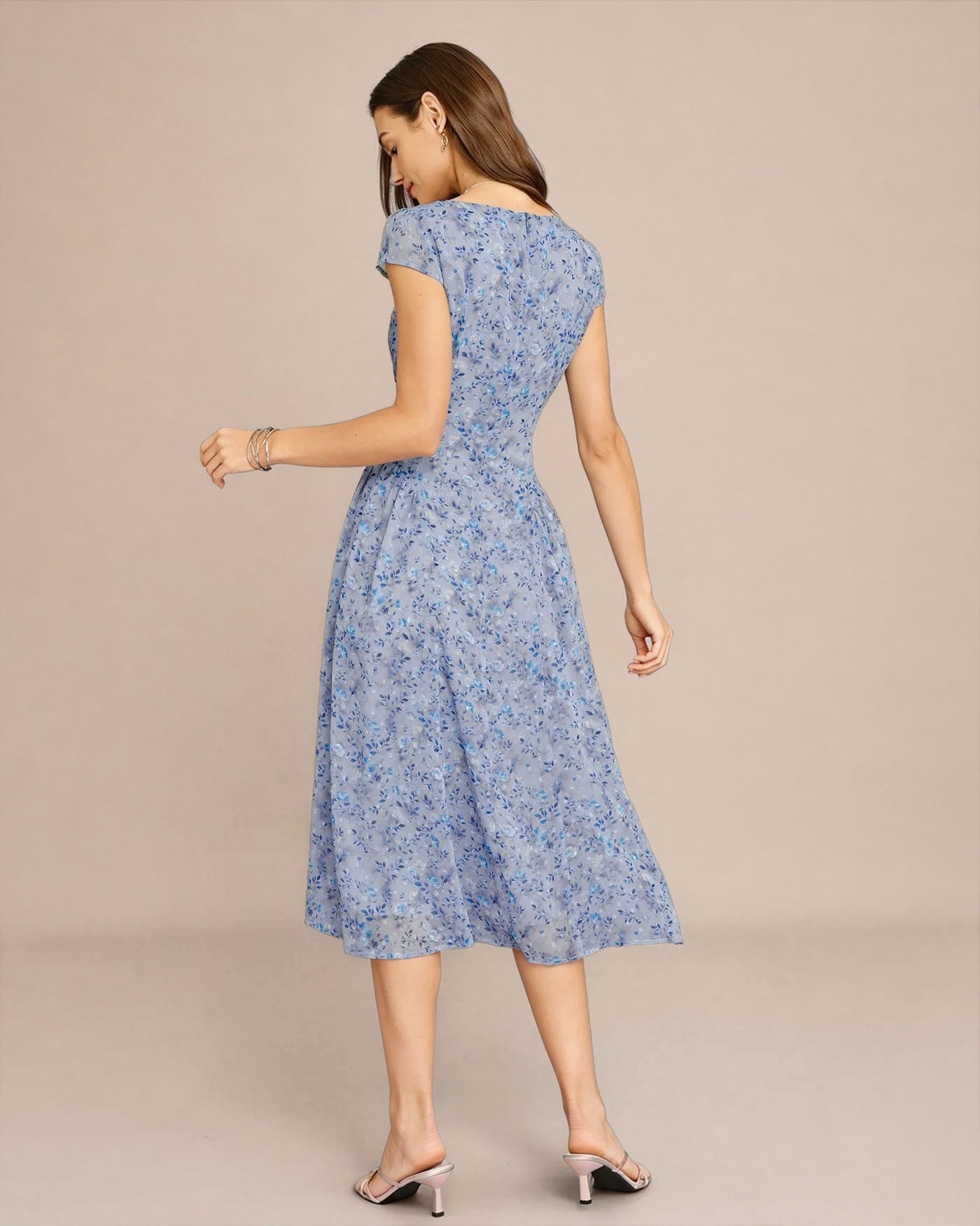 Floral Midi Dress with U Neck and Button Detail in Blue