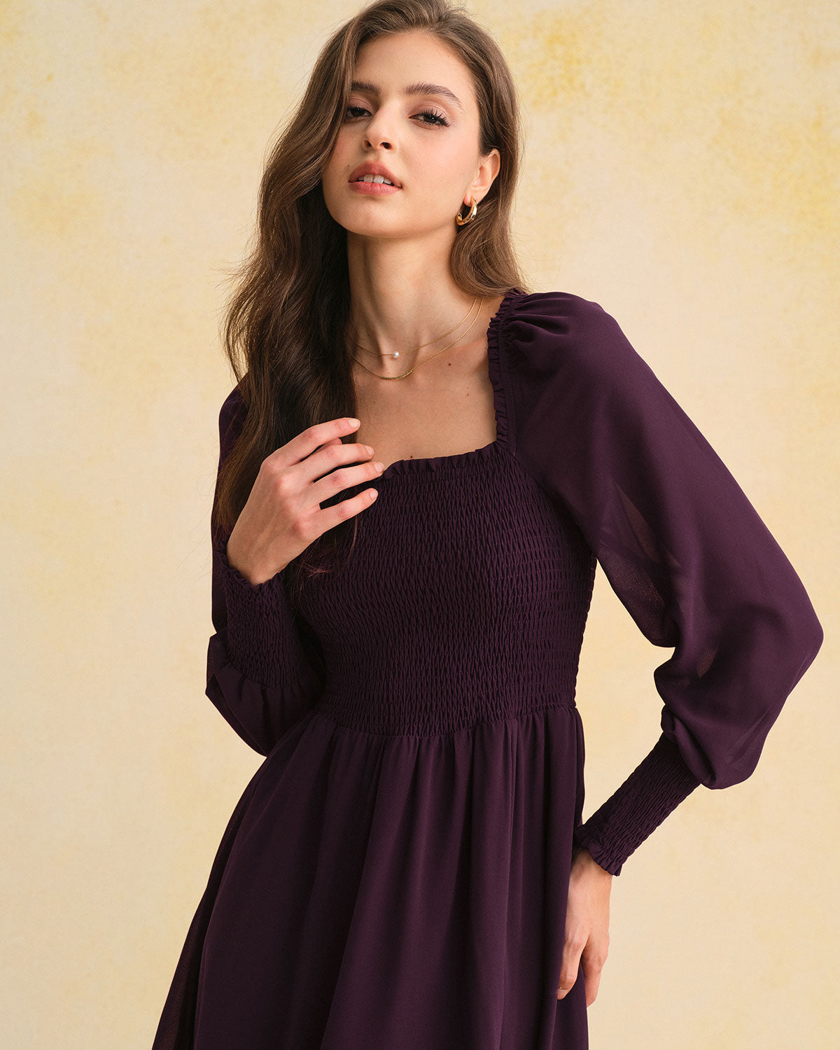 Purple Shirred Midi Dress with Lantern Sleeves in Chiffon