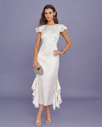 Beige Jacquard Ruffle Midi Dress with Boat Neck