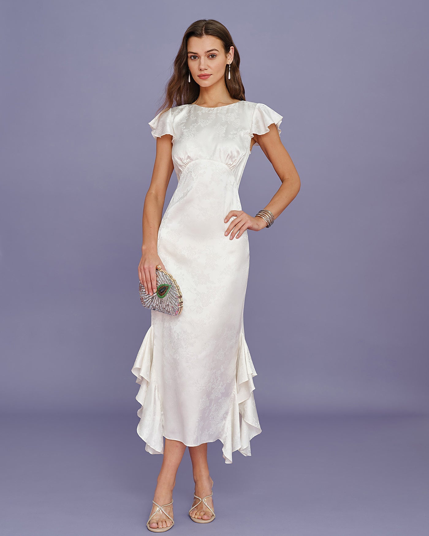 Beige Jacquard Ruffle Midi Dress with Boat Neck