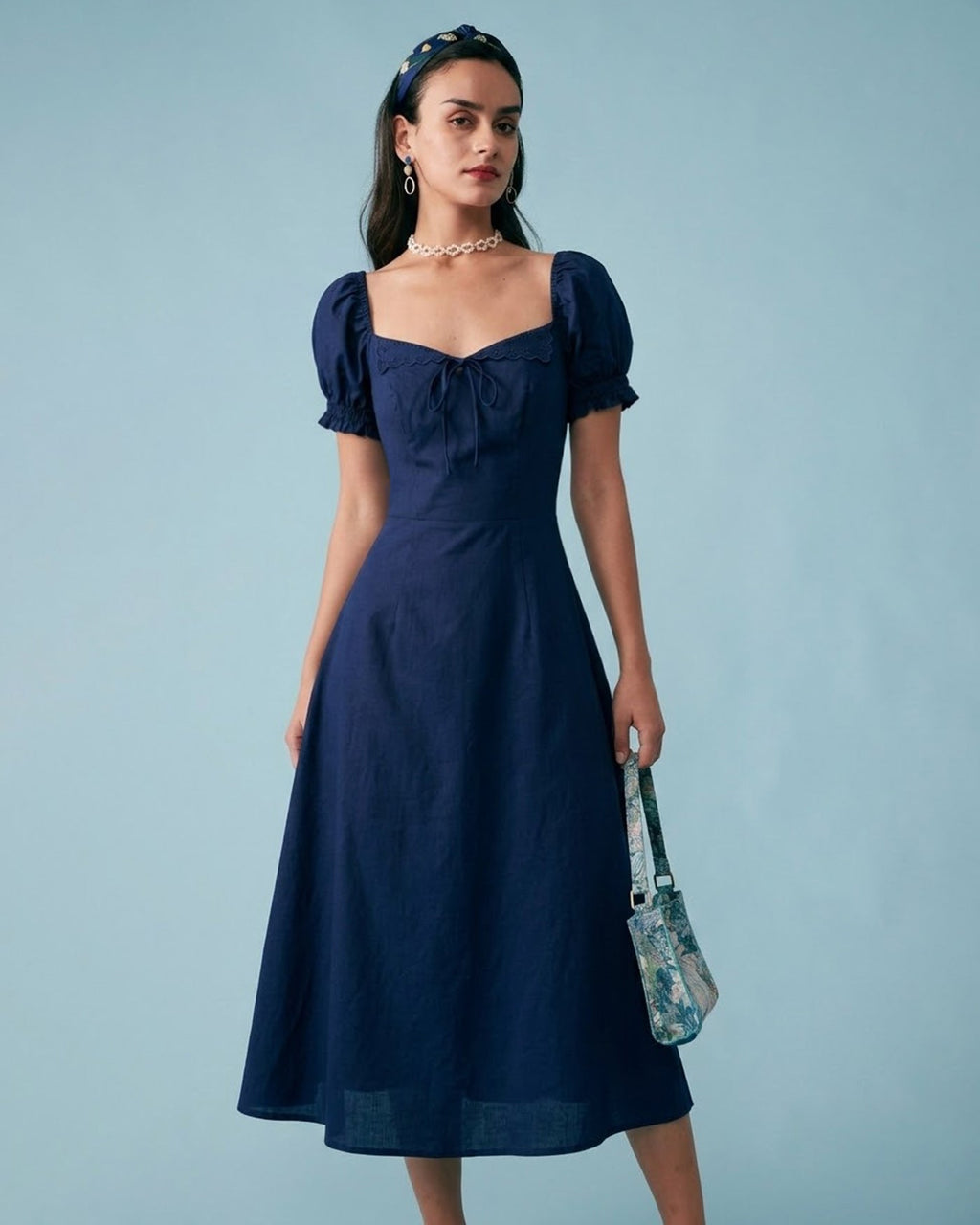 Navy Midi Dress with V-Neck and Puffed Sleeves