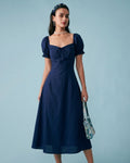 Navy Midi Dress with V-Neck and Puffed Sleeves