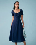 Navy Midi Dress with V-Neck and Puffed Sleeves
