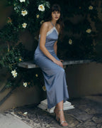 Blue Lace Midi Dress with Halter Neck