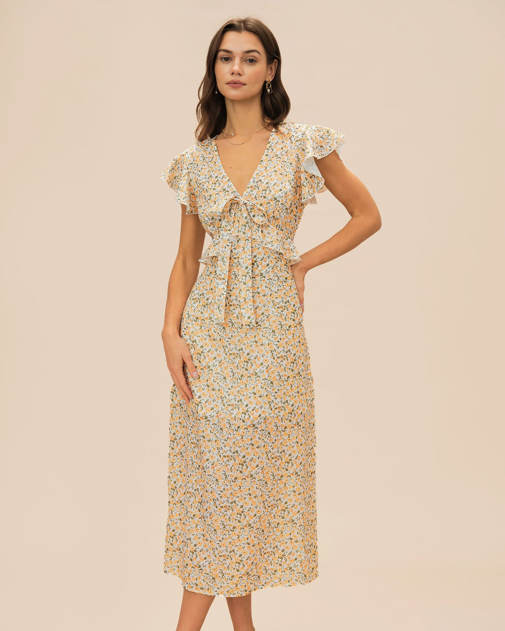 Floral Ruffle Midi Dress in Yellow with V-Neck