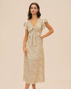 Floral Ruffle Midi Dress in Yellow with V-Neck