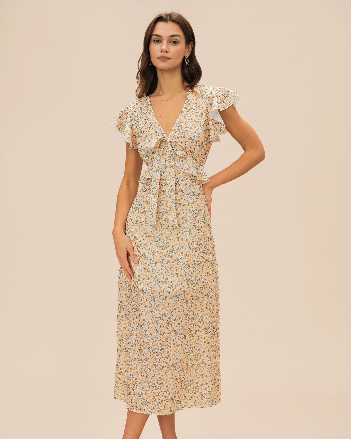 Floral Ruffle Midi Dress in Yellow with V-Neck