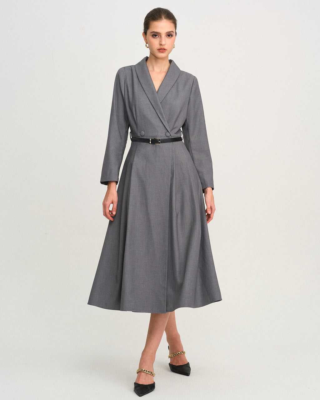 Charcoal A-Line Midi Dress with Button Detail