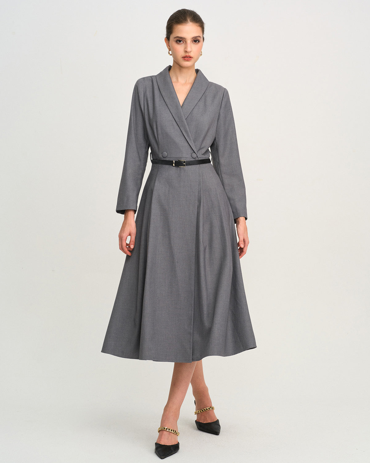 Charcoal A-Line Midi Dress with Button Detail