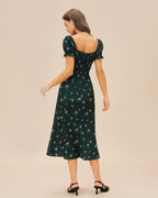 Floral Midi Dress with Green Puffed Sleeves