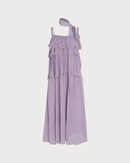 Ruffled Midi Dress with Purple Floral Print