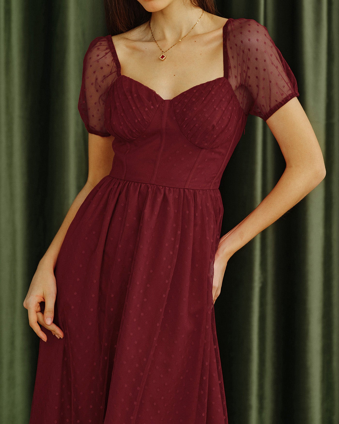Red Polka Dot Midi Dress with Sweetheart Neckline