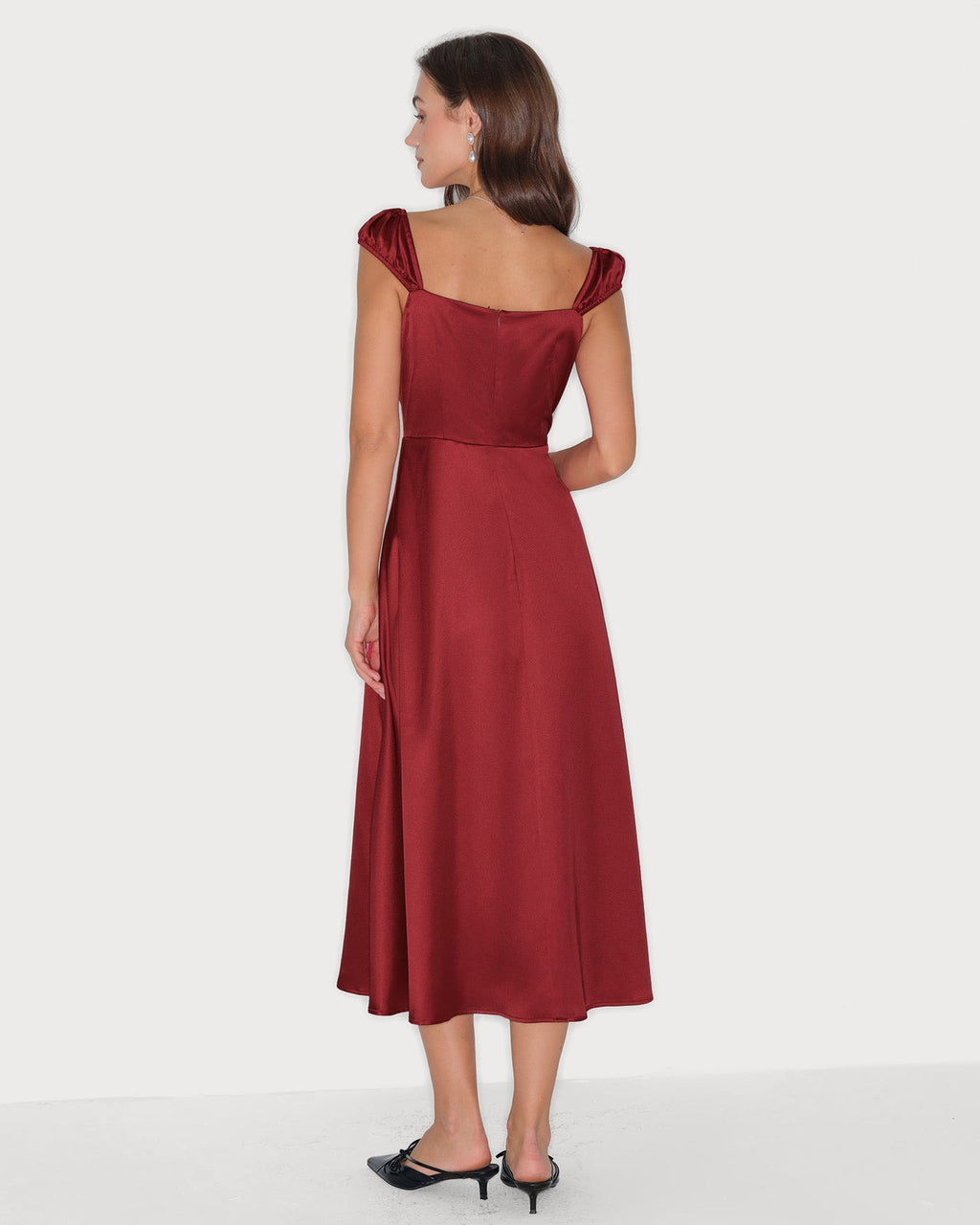 Red Satin Midi Dress with Sweetheart Neckline