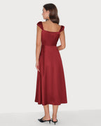 Red Satin Midi Dress with Sweetheart Neckline