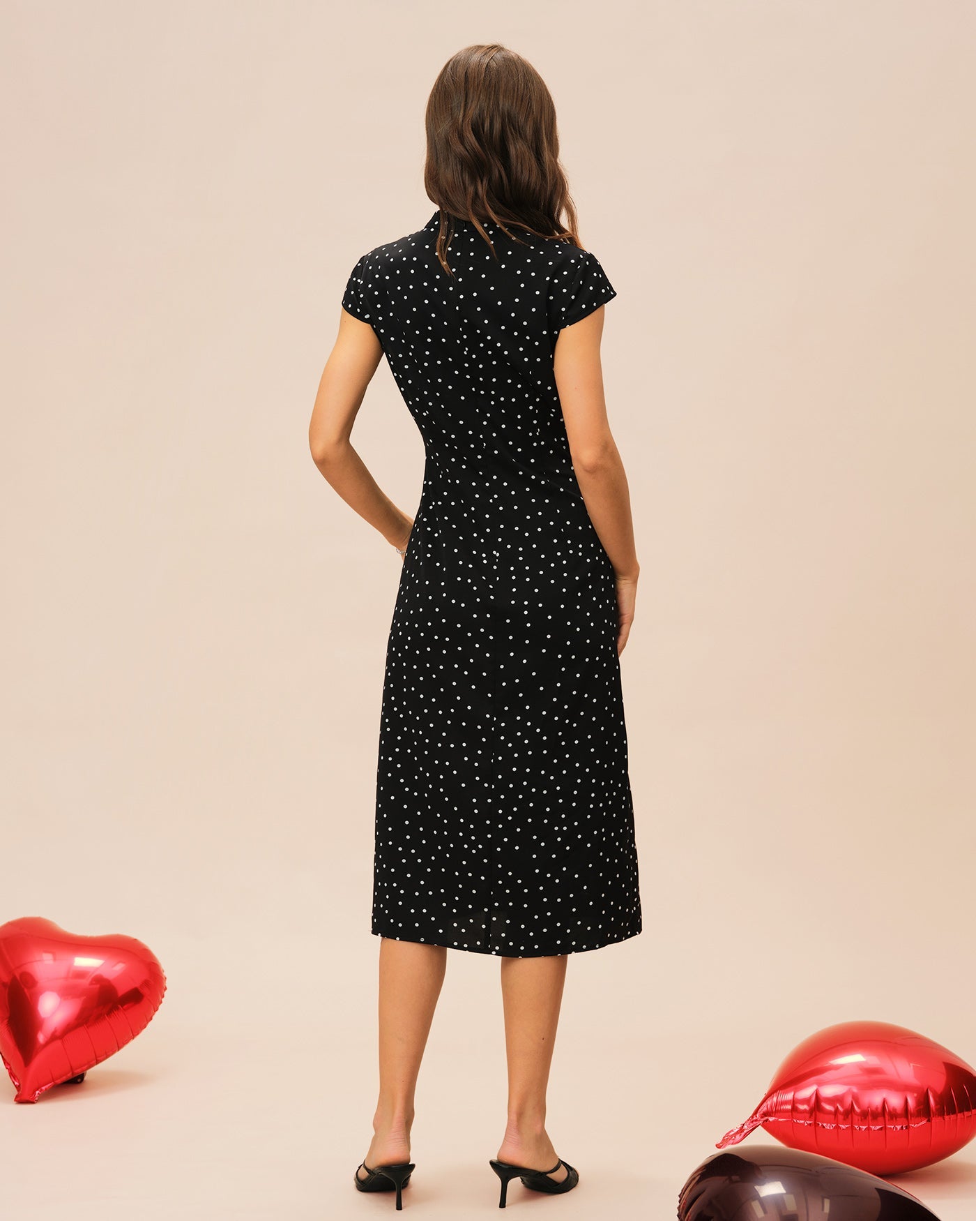 Polka Dot Midi Dress with Black Mandarin Collar