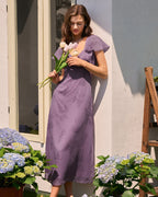 Floral Midi Dress with Purple V-Neck and Butterfly Sleeves