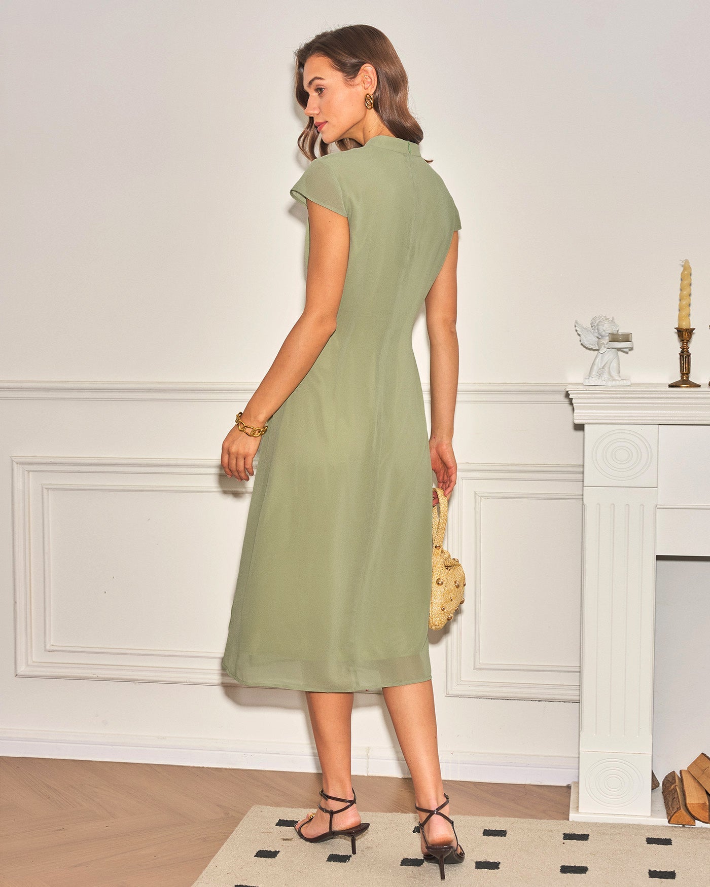 Chiffon Midi Dress with Green Mandarin Collar