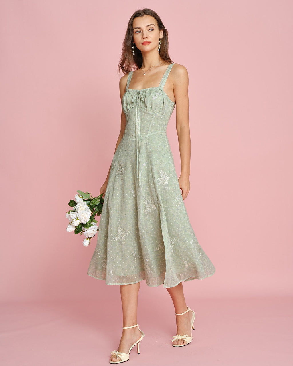 Green Jacquard A-Line Midi Dress with Slip Design