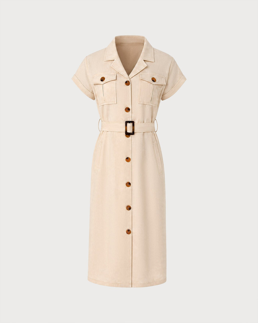 Apricot Midi Dress with Button Belt Detail