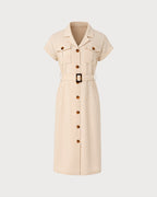 Apricot Midi Dress with Button Belt Detail