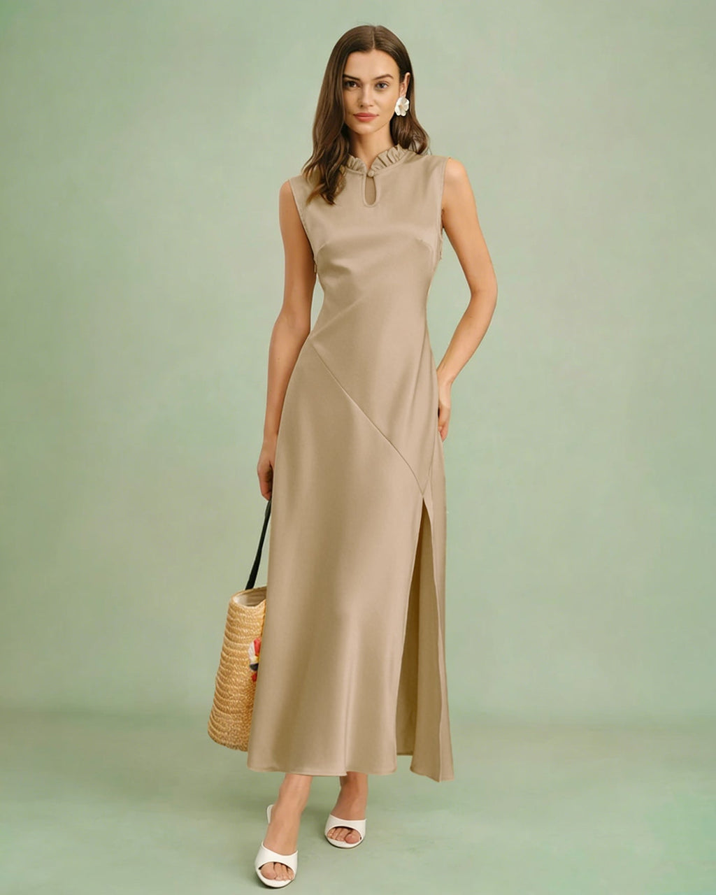 Ruffled Midi Dress in Apricot